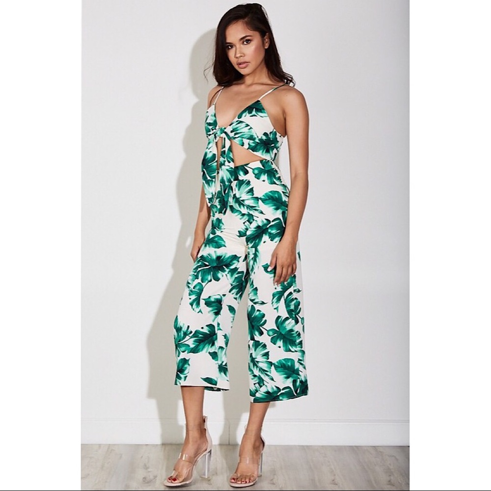 Tropical Print Palm Leaf Cut Out Jumpsuit